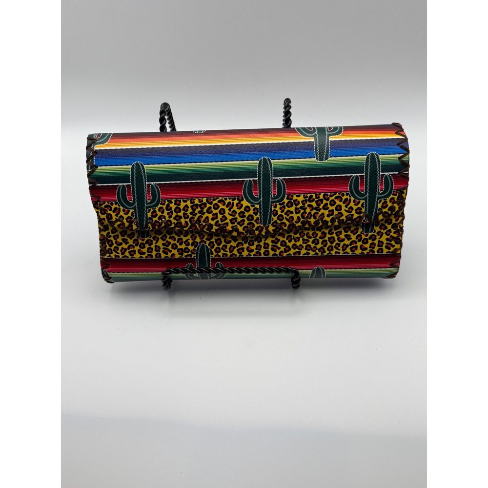 Western Cactus Leopard Print Clutch Wallet Fiesta Style Vegan Leather NEW